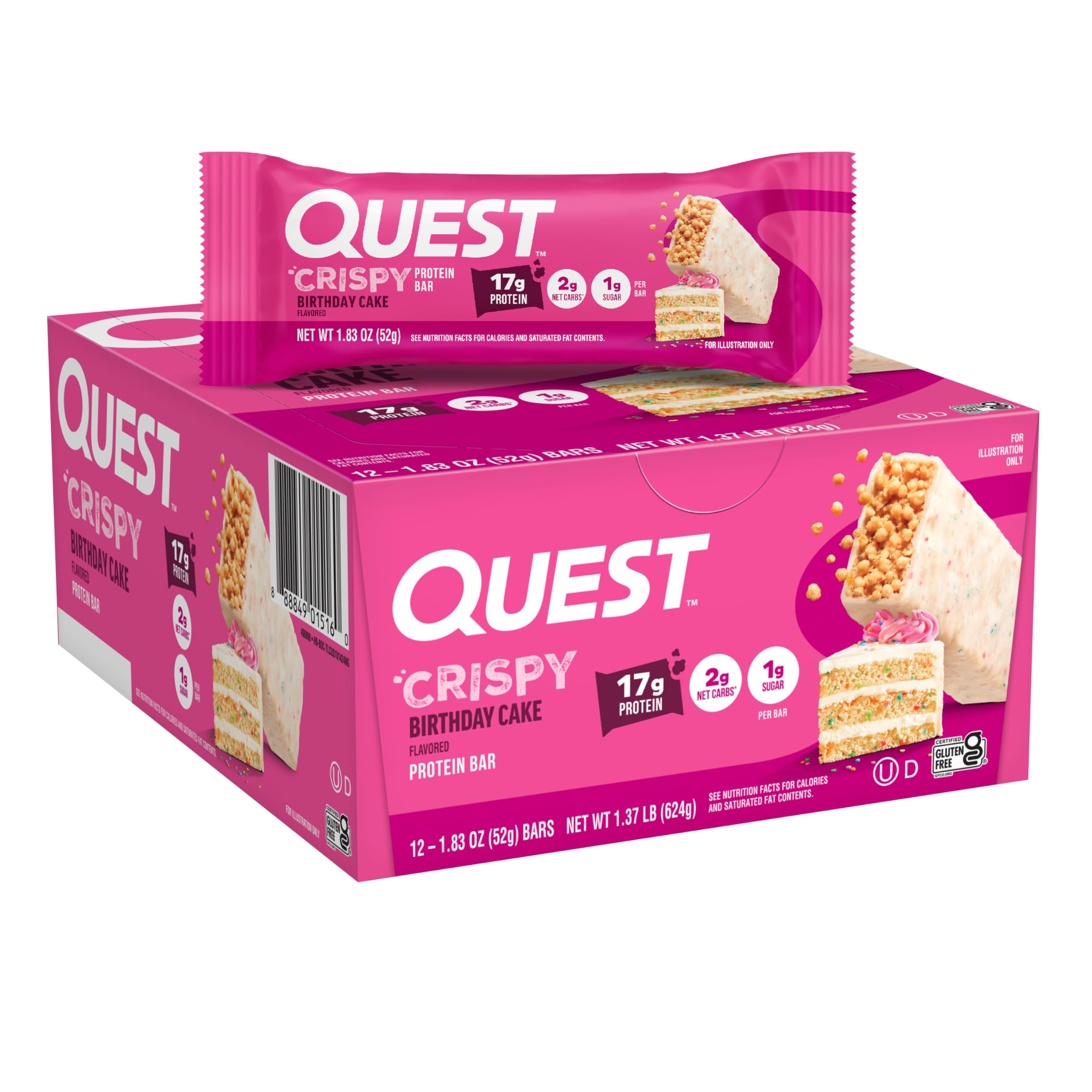 Quest empaque frontal de la barra Birthday Cake mostrando información nutricional y beneficio proteico