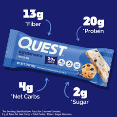 Quest barra abierta con arándanos visibles y relleno proteico sabroso