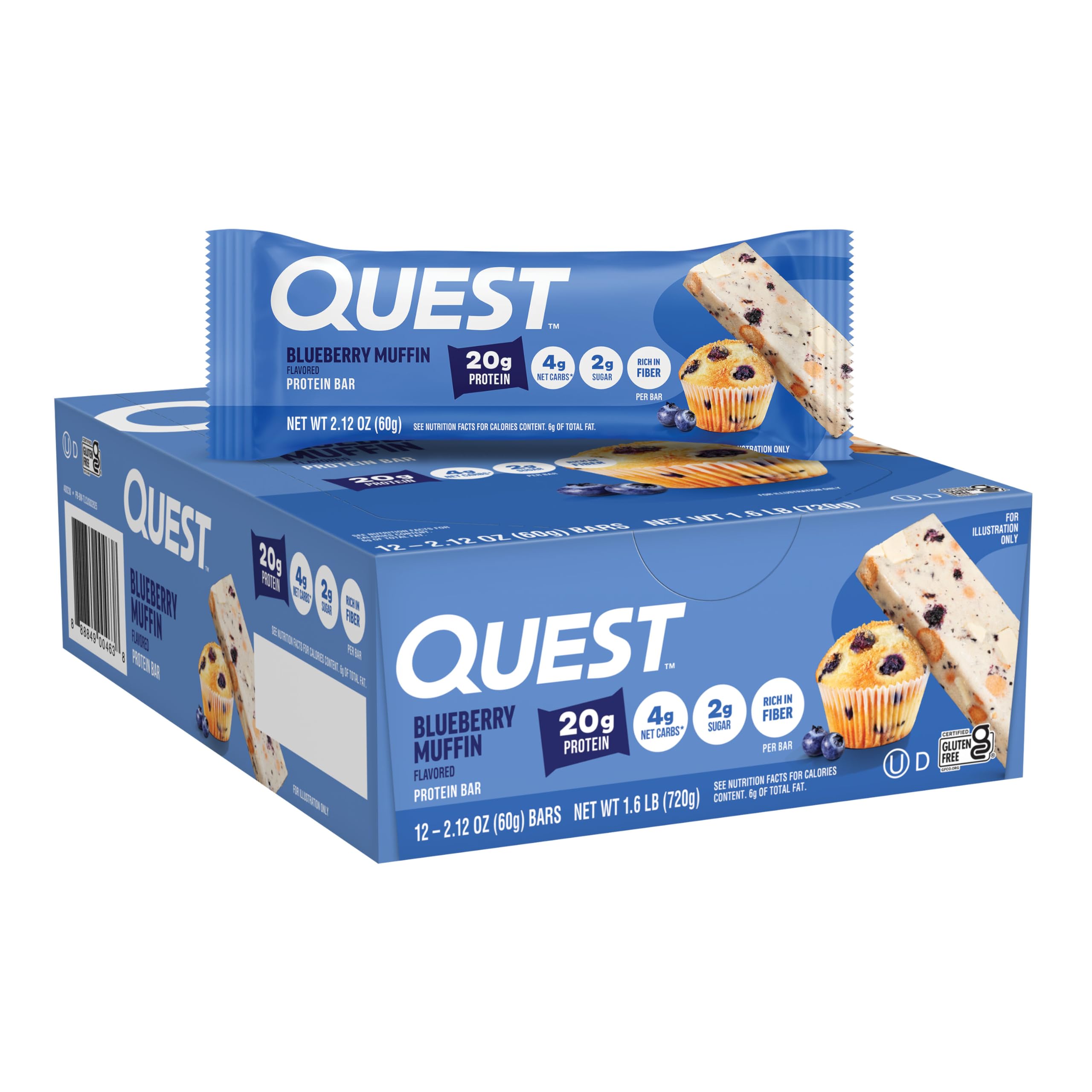 Quest frontal del paquete mostrando la marca y nutrientes clave