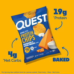 Quest open bag with chips spilling out, portable snack convenience