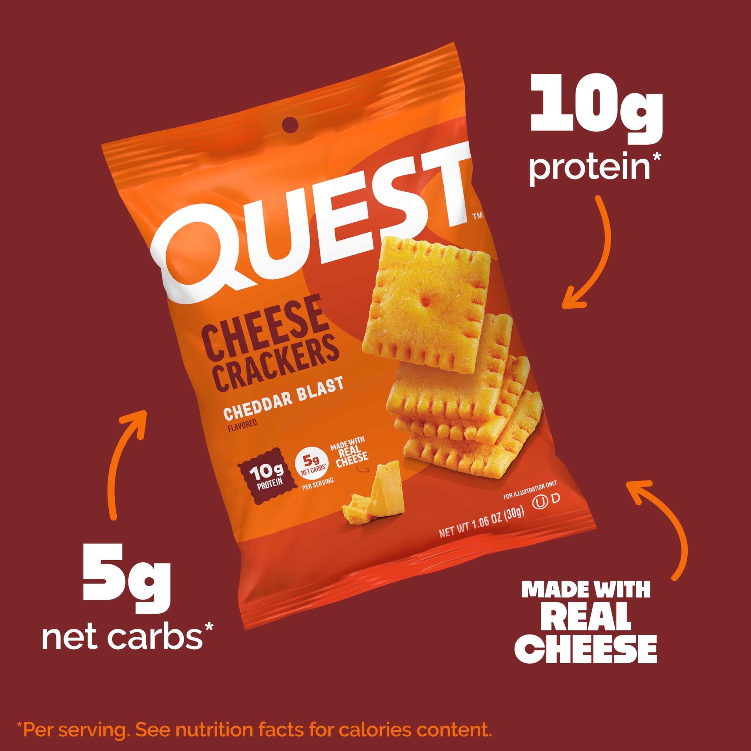 Quest bolsa abierta con porción de crackers lista para comer, ideal para snack rápido