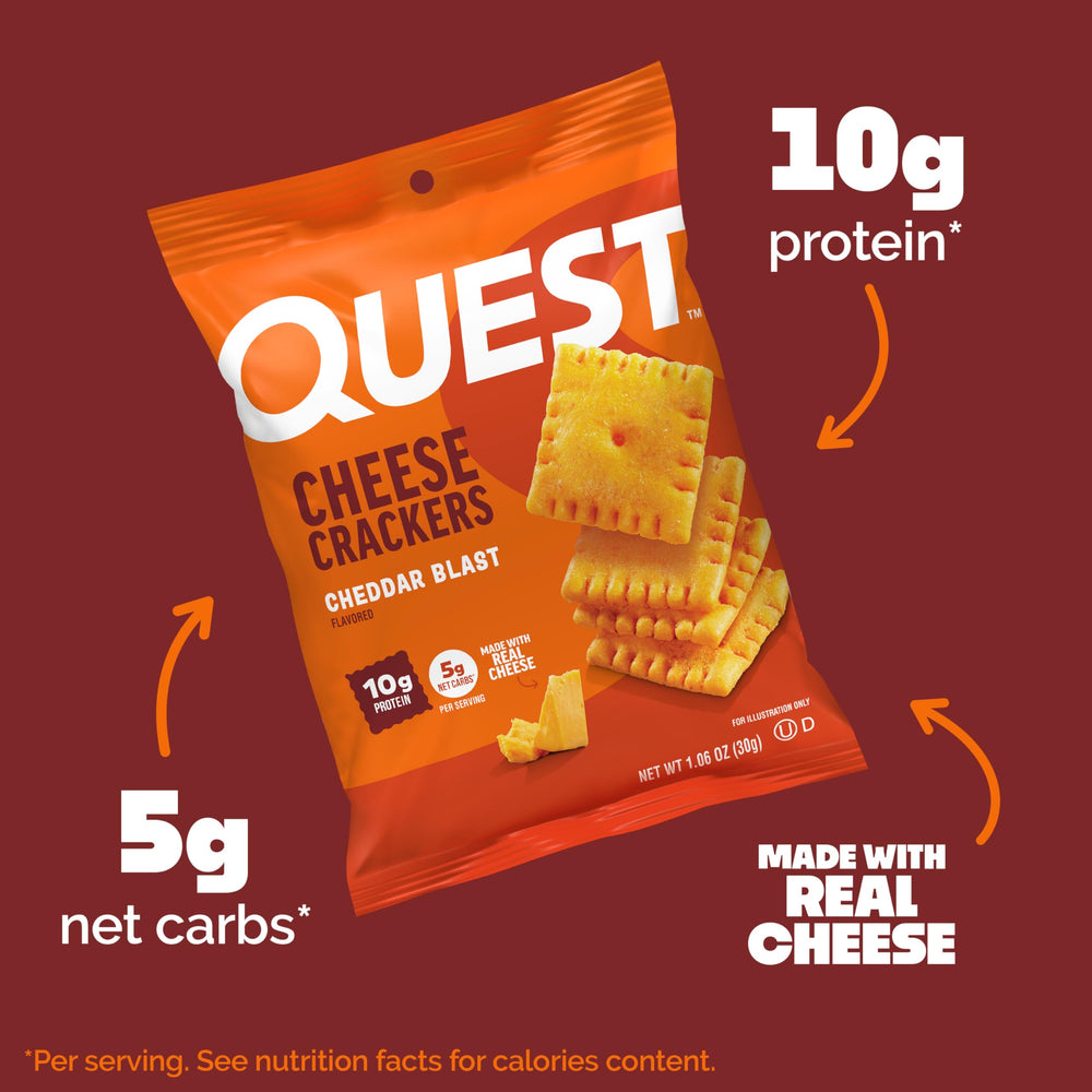 Quest bolsa abierta con porción de crackers lista para comer, ideal para snack rápido