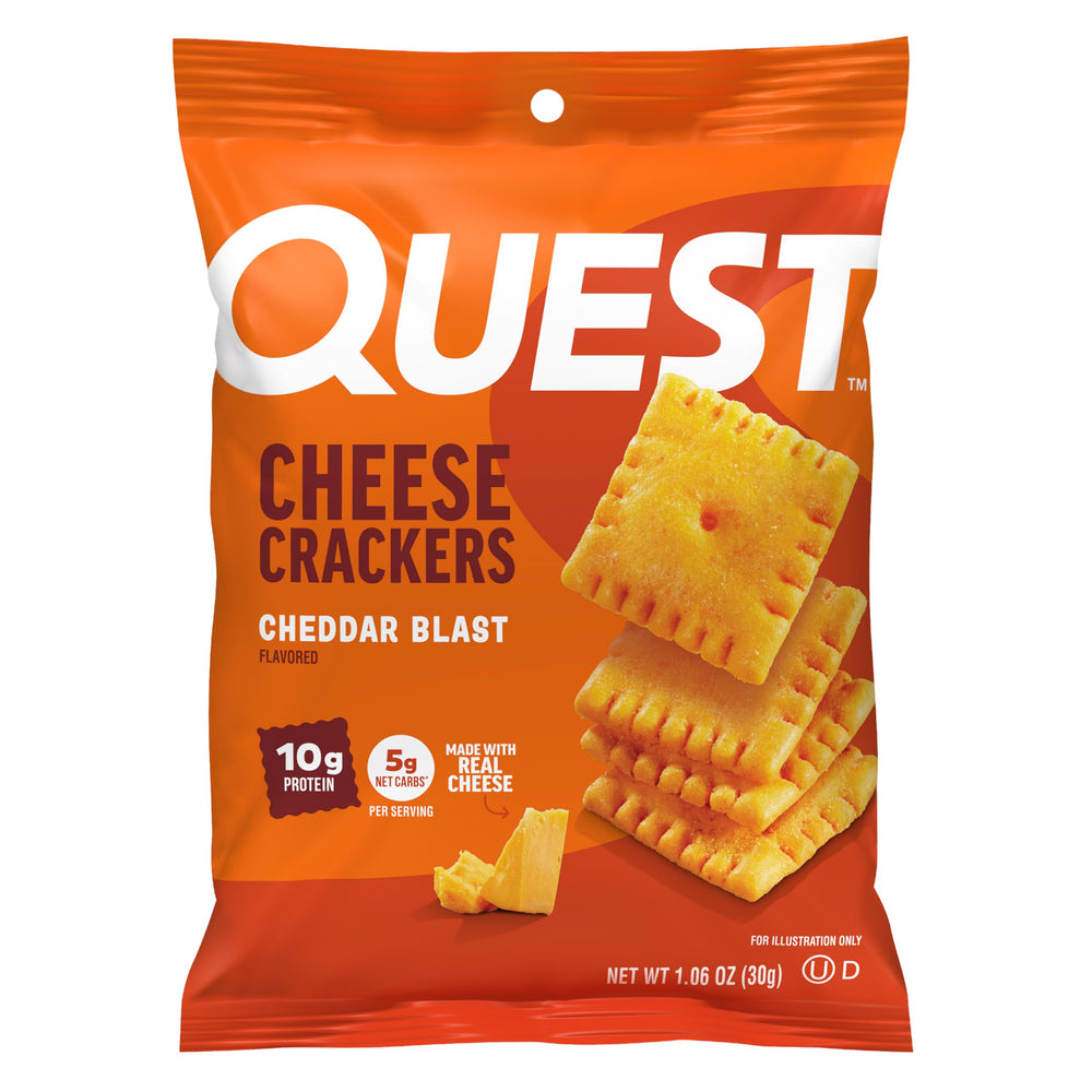 Quest empaque frontal de Cheese Crackers mostrando caja y bolsitas, práctico para llevar