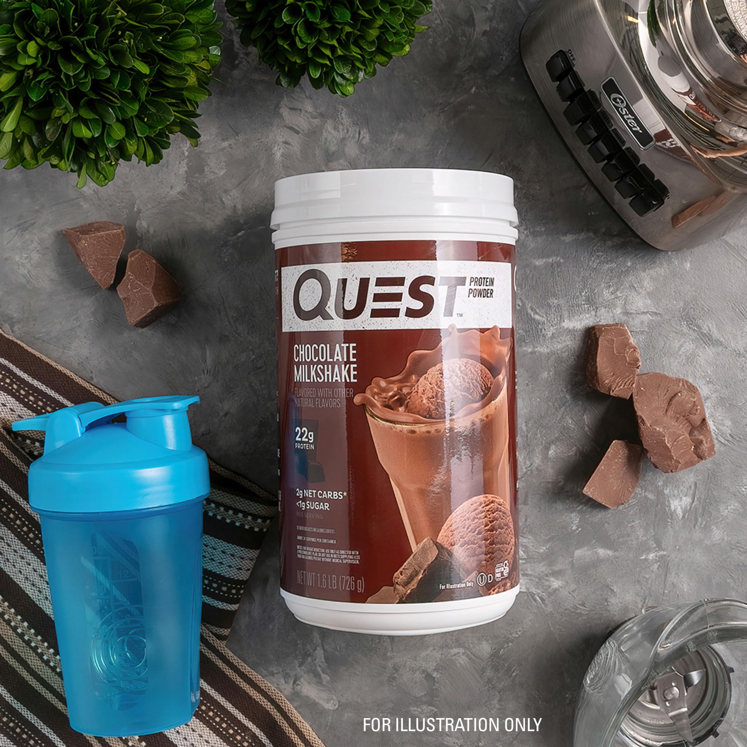 Nutrition label close-up on Quest canister showing low carbs and sugar benefits