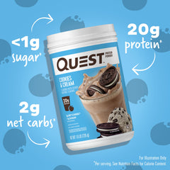 Close-up texture of Quest powder highlighting smooth mixability and creamy taste