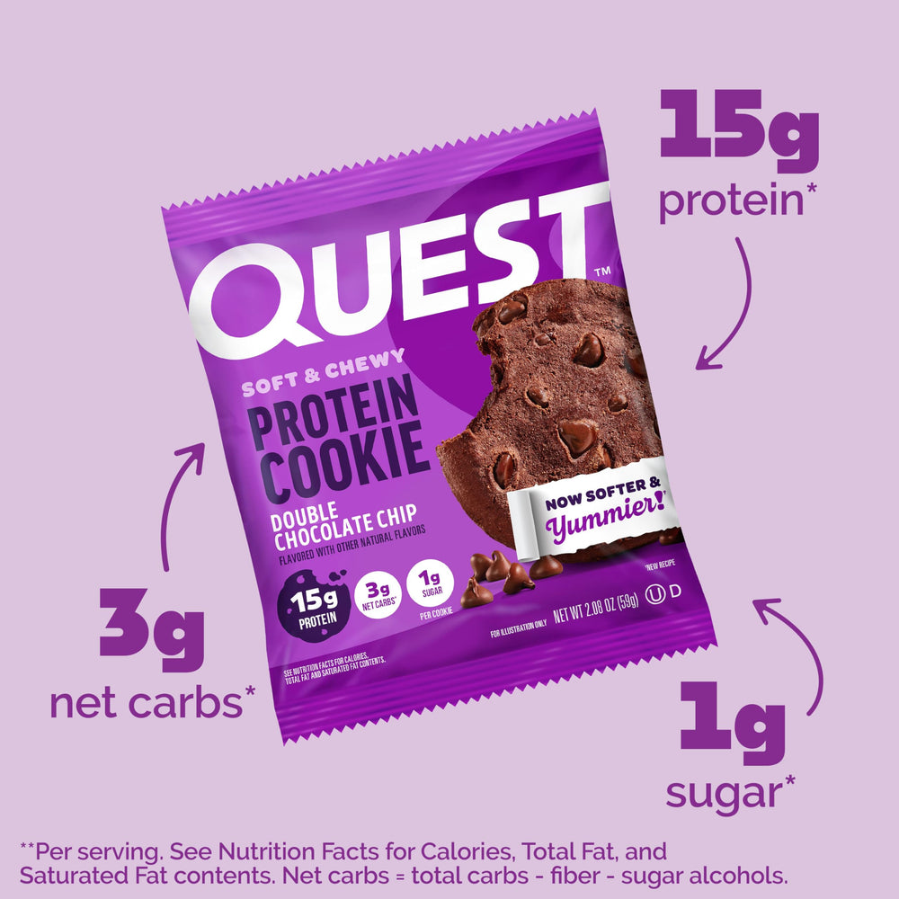 Quest close-up of double chocolate chips showing rich flavor and indulgence