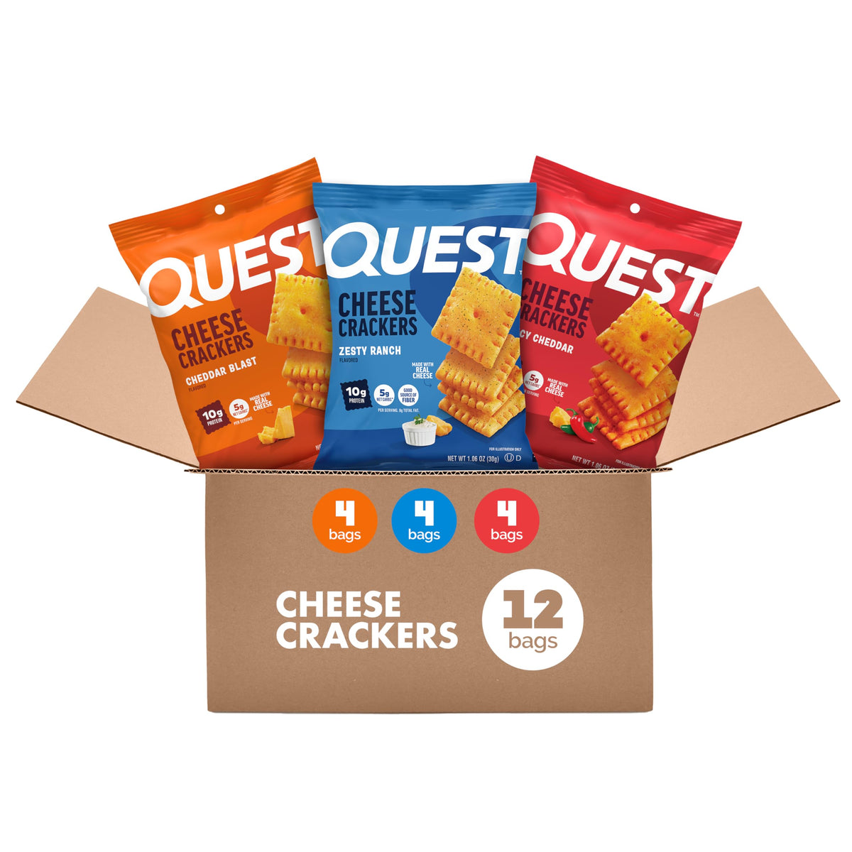 Quest frente del empaque mostrando los 4 sabores y ventaja de variedad