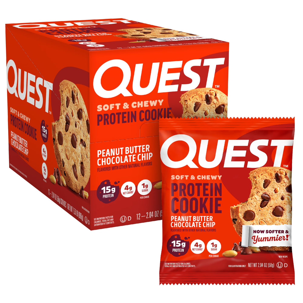 Quest galleta en empaque frontal mostrando caja y porciones, conveniencia instantánea