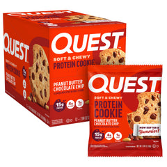 Quest galleta en empaque frontal mostrando caja y porciones, conveniencia instantánea