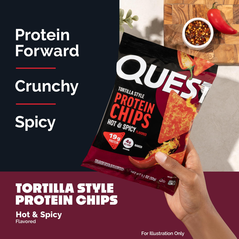 Quest chip close-up showing crunchy baked texture and seasoning for satisfying bite