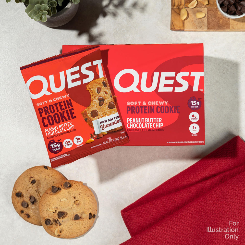 Quest ingredientes: mantequilla de cacahuete y chispas de chocolate realzan sabor