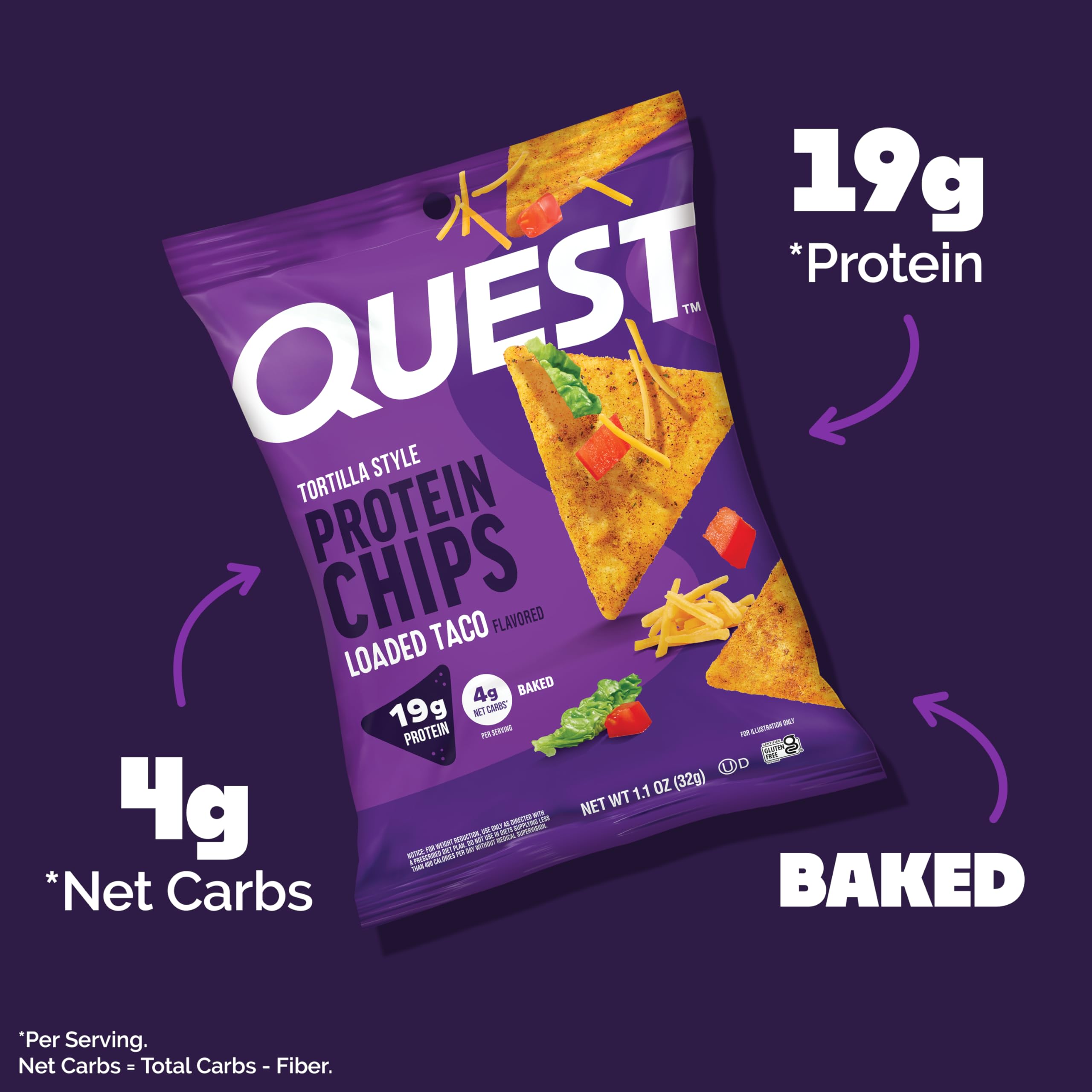 Quest chip close-up texture highlighting crunchy taco-flavor satisfaction