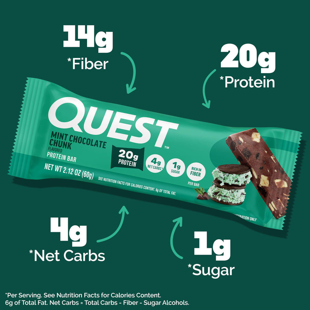 Quest barra partida revela textura masticable y pequeños trozos, placer y proteína
