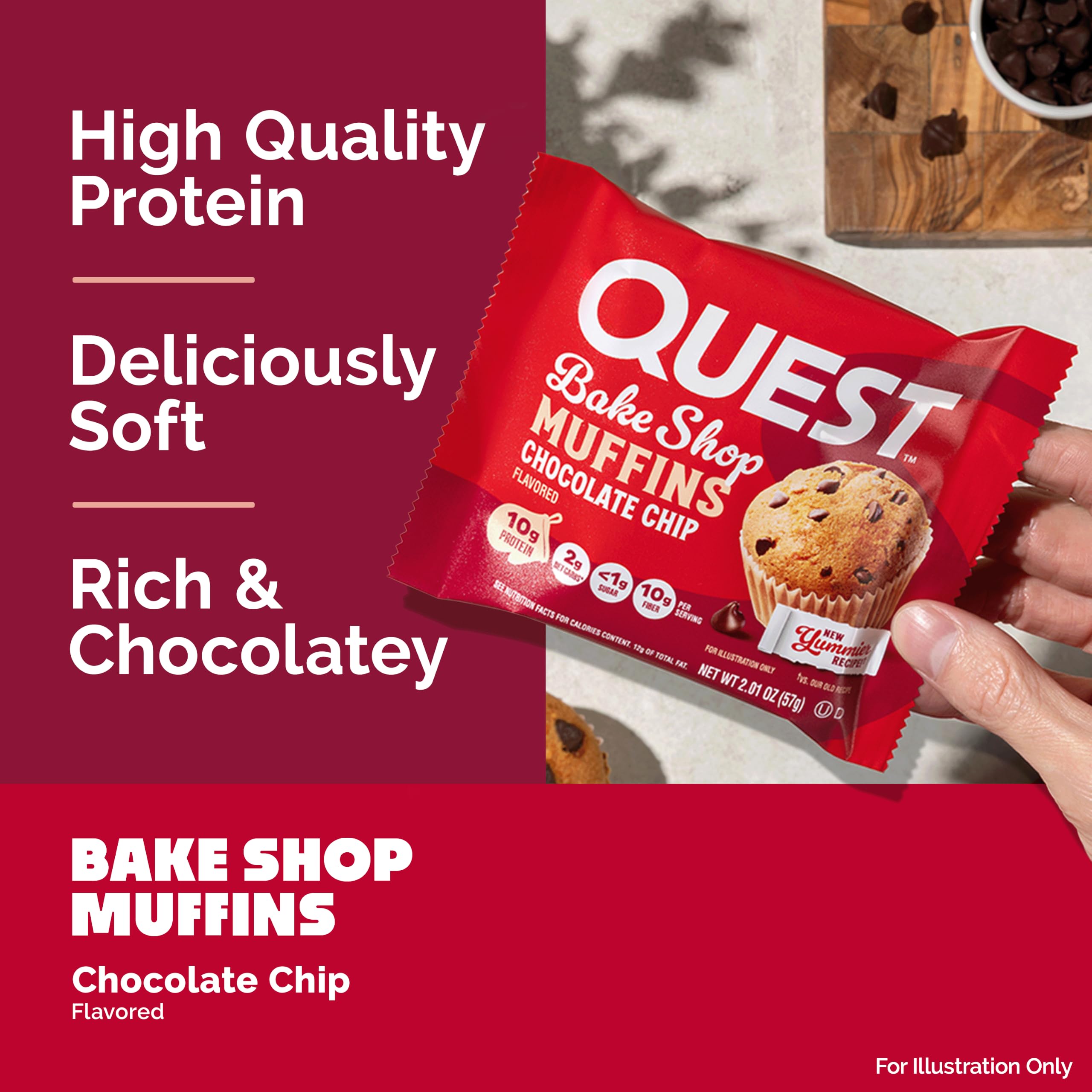 Quest muffin porción en mano listo para llevar y consumir