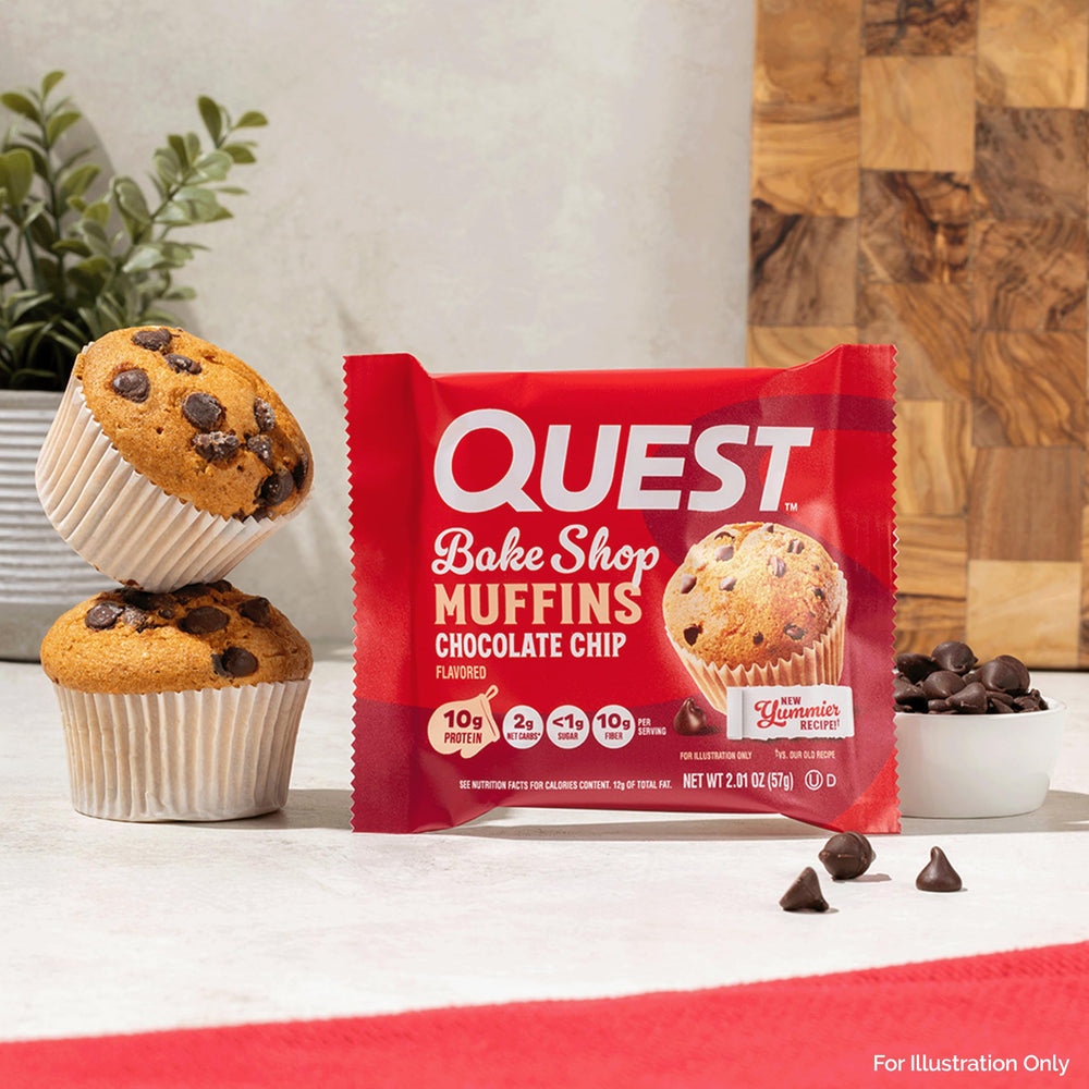 Quest muffin comparación de tamaño junto a una mano para escala