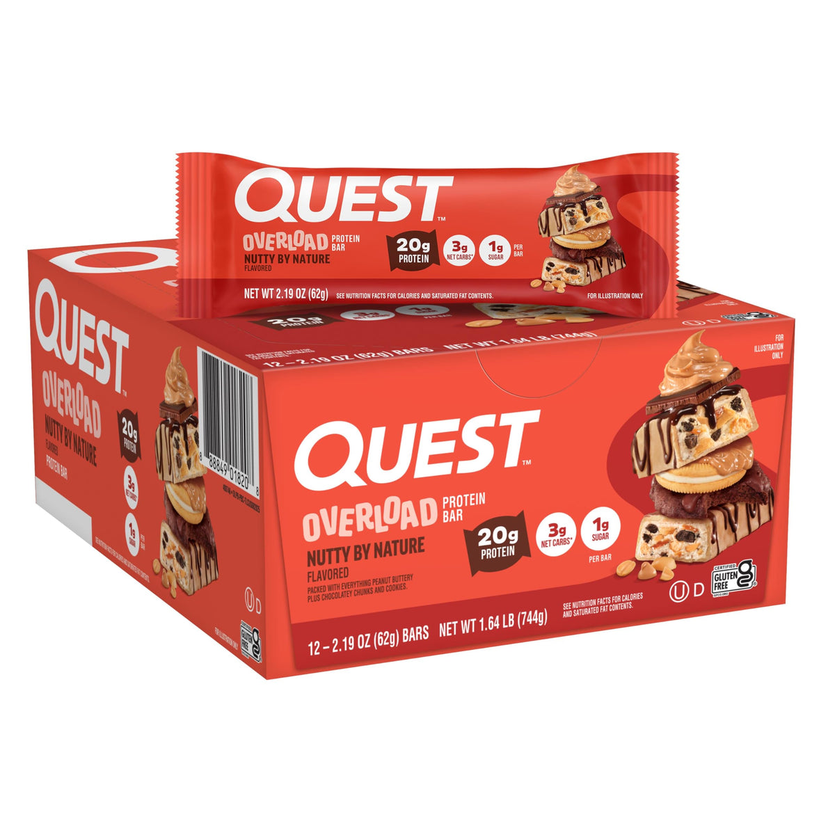 Quest Overload frontal del empaque mostrando la barra y beneficios proteicos