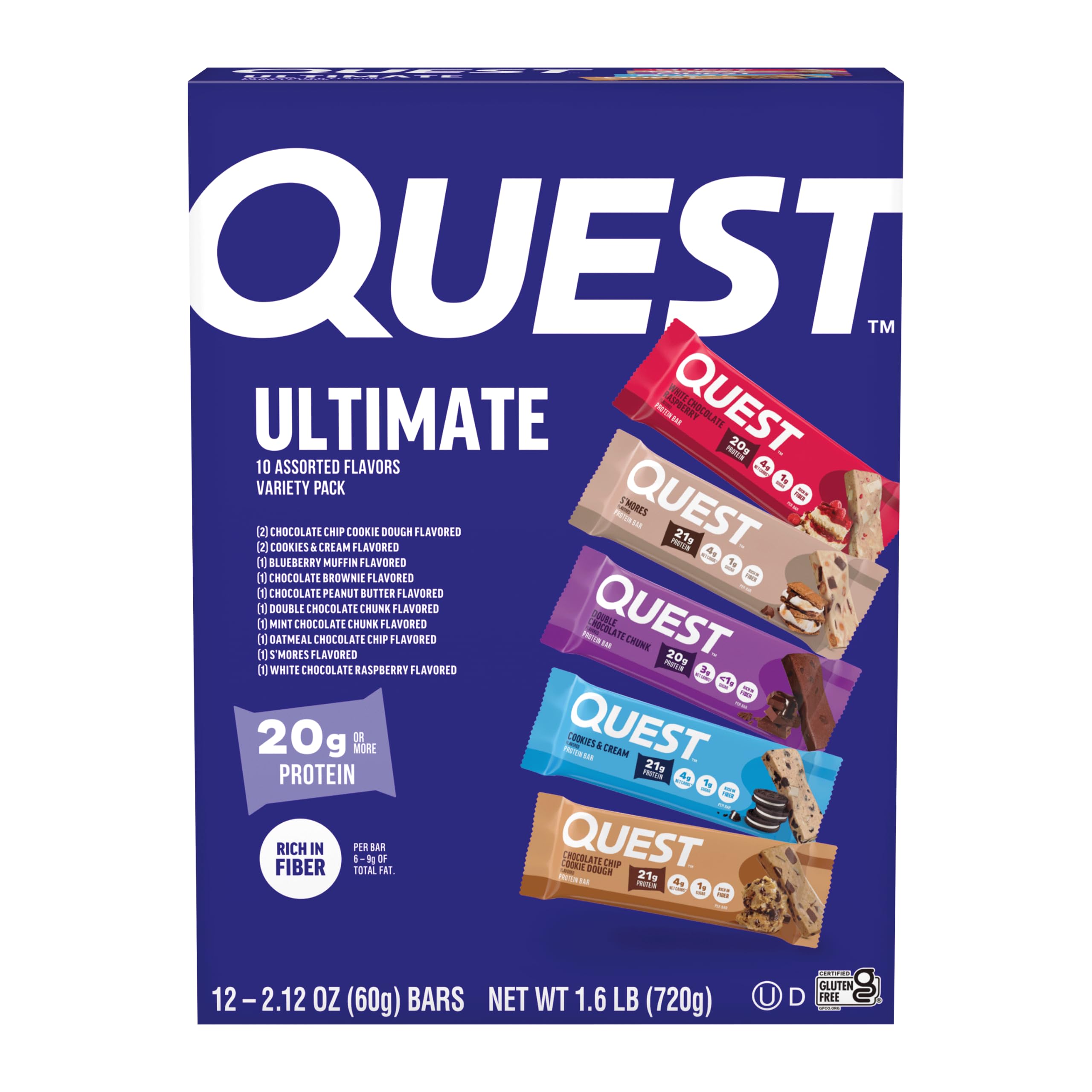 Quest pack frontal mostrando las 12 barras y variedad de sabores, conveniencia inmediata