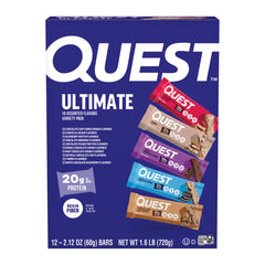Quest pack frontal mostrando las 12 barras y variedad de sabores, conveniencia inmediata