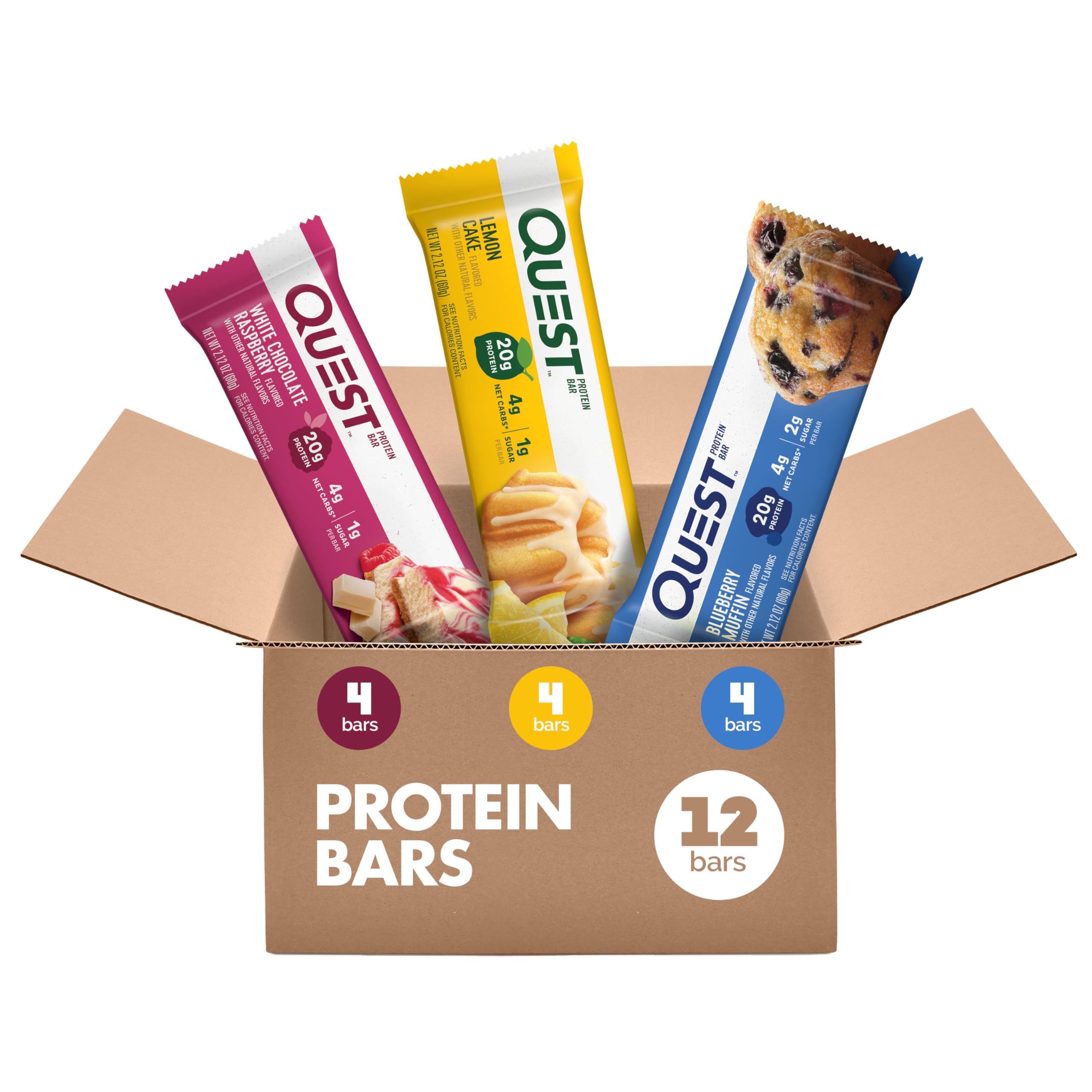 Quest packaging frontal mostrando 12 barras y conveniencia para llevar