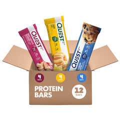 Quest packaging frontal mostrando 12 barras y conveniencia para llevar