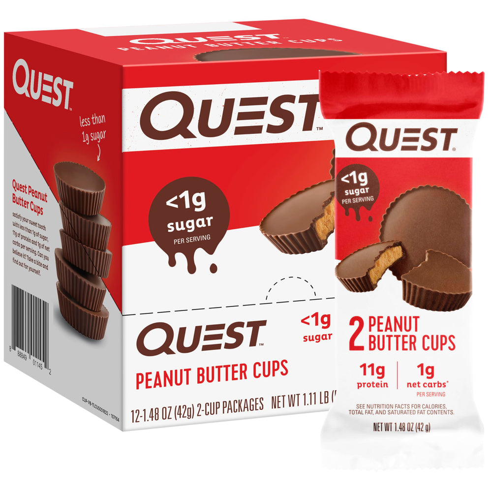 Quest cups vista frontal mostrando caja y cantidad para conveniencia