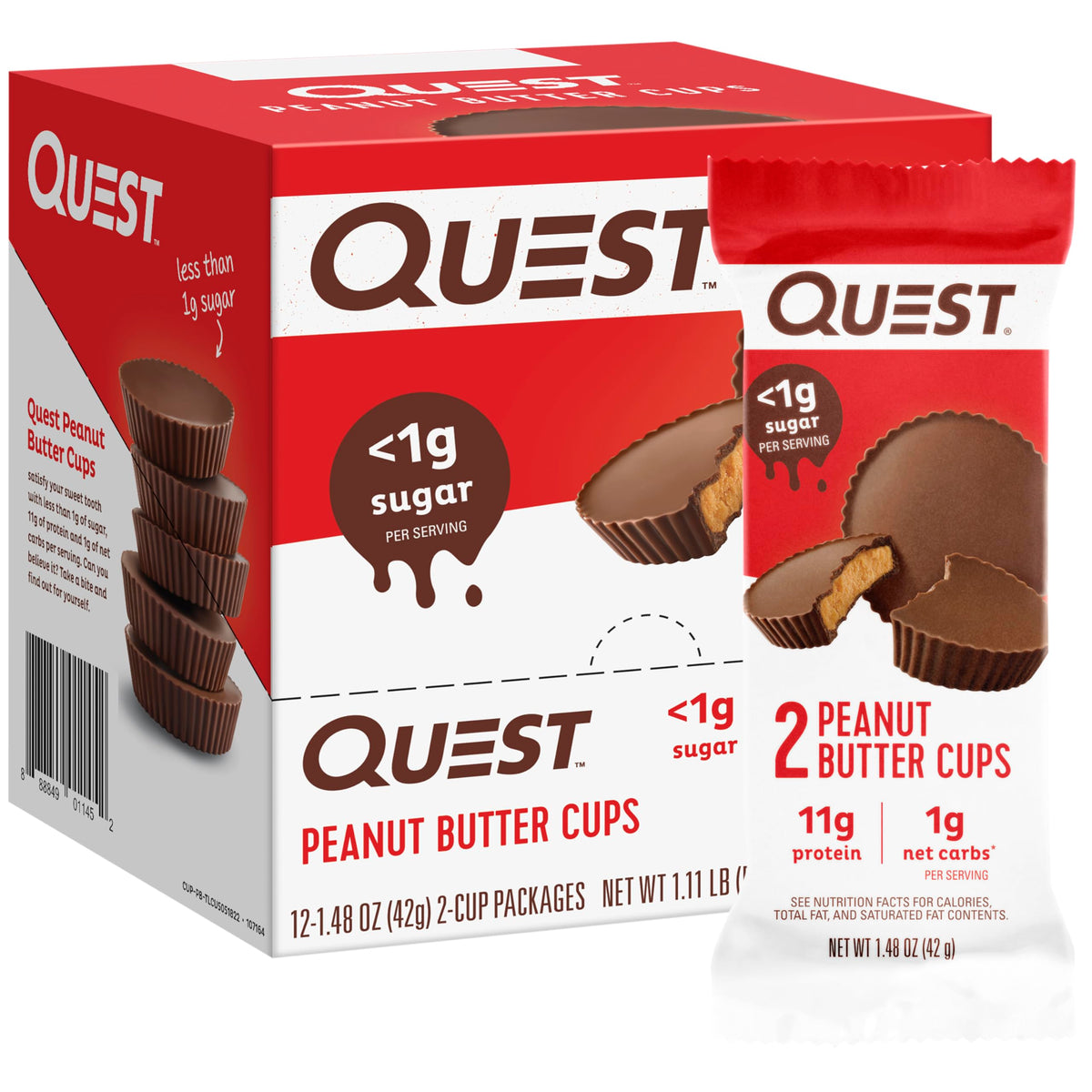 Quest cups vista frontal mostrando caja y cantidad para conveniencia