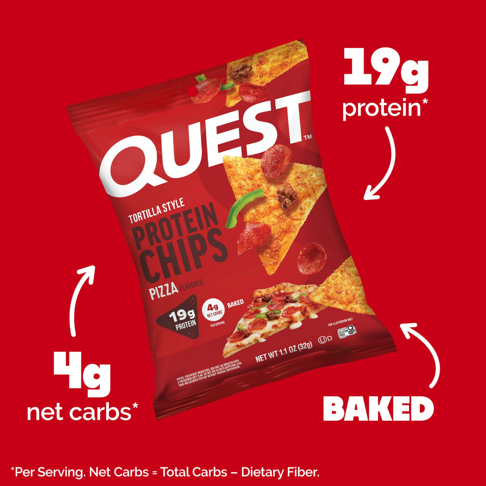 Quest primer plano de textura crujiente de chip tipo tortilla, alta proteína evidente