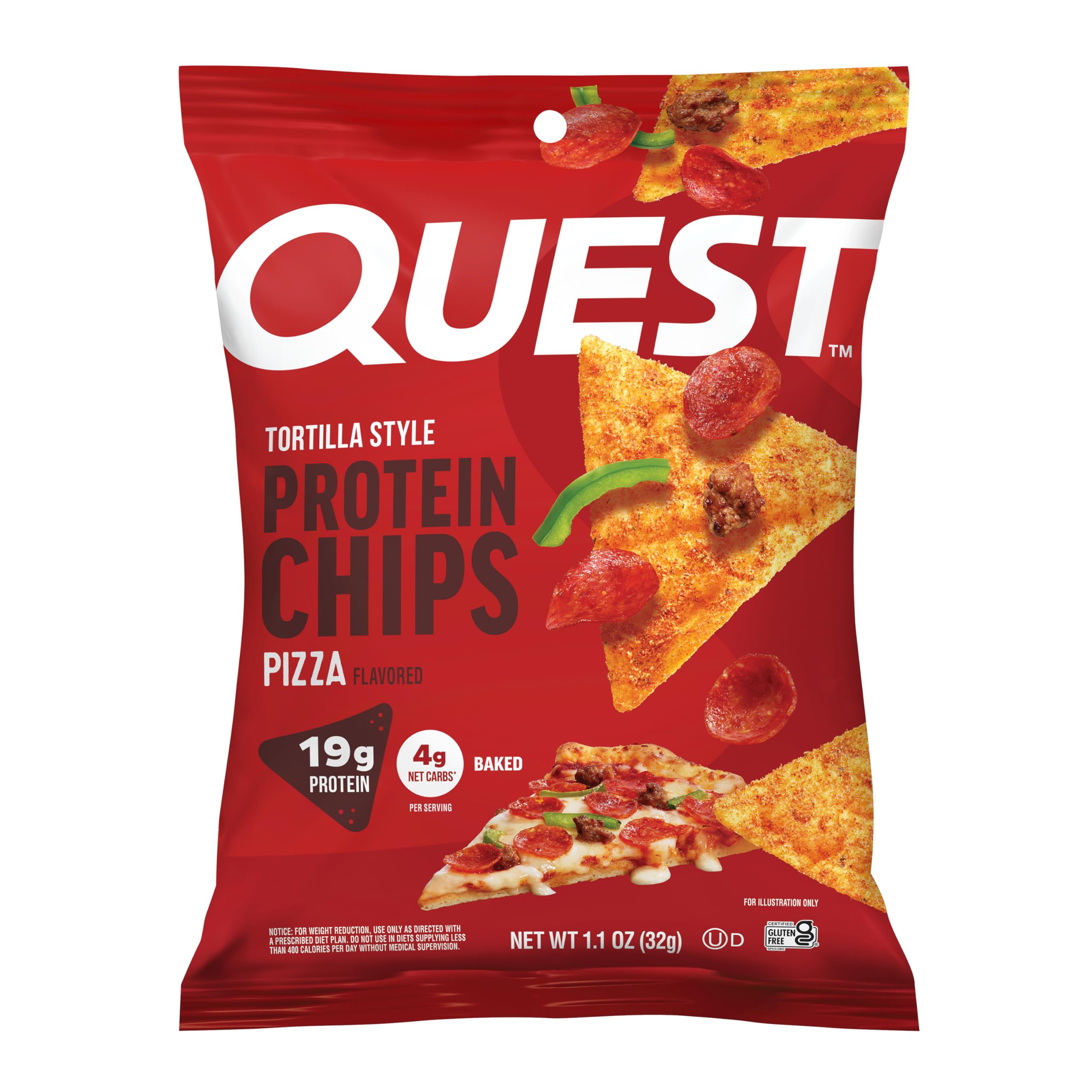 Quest paquete frontal mostrando sabor pizza y porción individual, conveniente y proteico