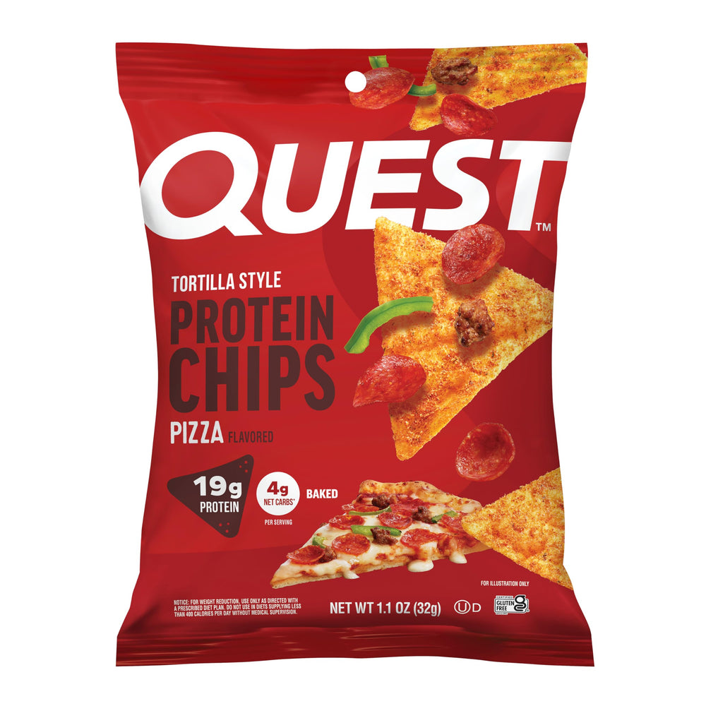 Quest paquete frontal mostrando sabor pizza y porción individual, conveniente y proteico