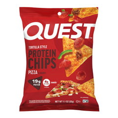 Quest paquete frontal mostrando sabor pizza y porción individual, conveniente y proteico