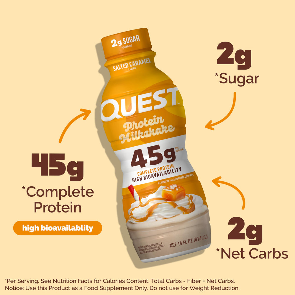 Quest bottle close-up highlighting label and creamy salted caramel appeal