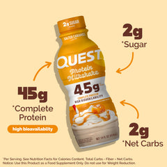 Quest bottle close-up highlighting label and creamy salted caramel appeal