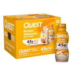 Quest front packaging showing the salted caramel shake and protein callout