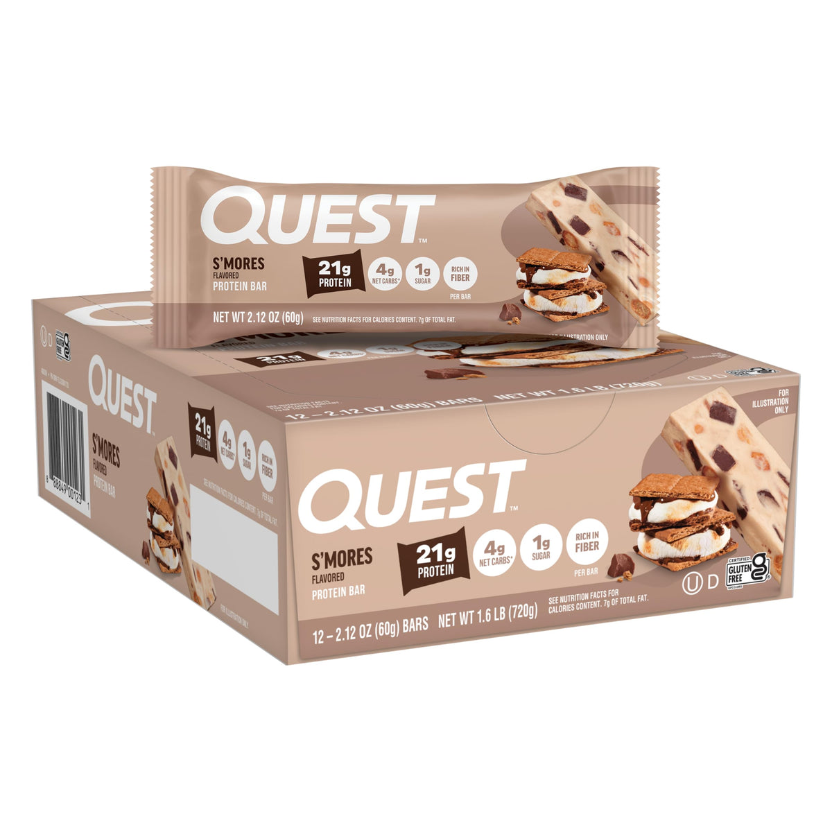 Quest empaque frontal que muestra caja y barras, ideal para llevar