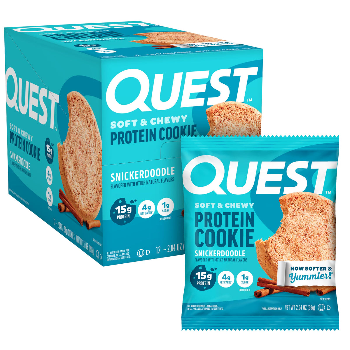 Quest empaque frontal de galletas snickerdoodle mostrando caja de 12 unidades y conveniencia