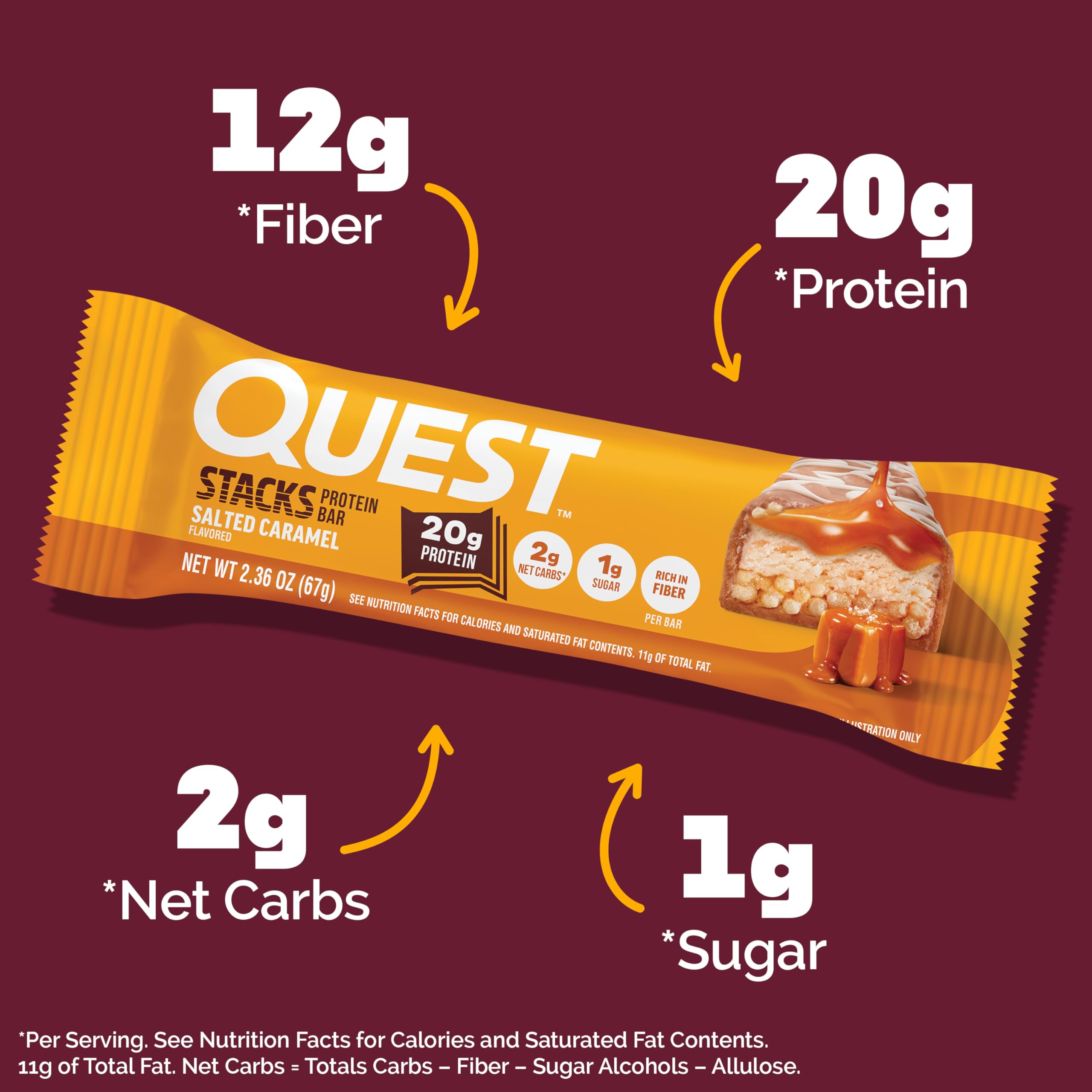 Quest Stacks barra cortada revelando capas crujientes y masticables para gran sabor