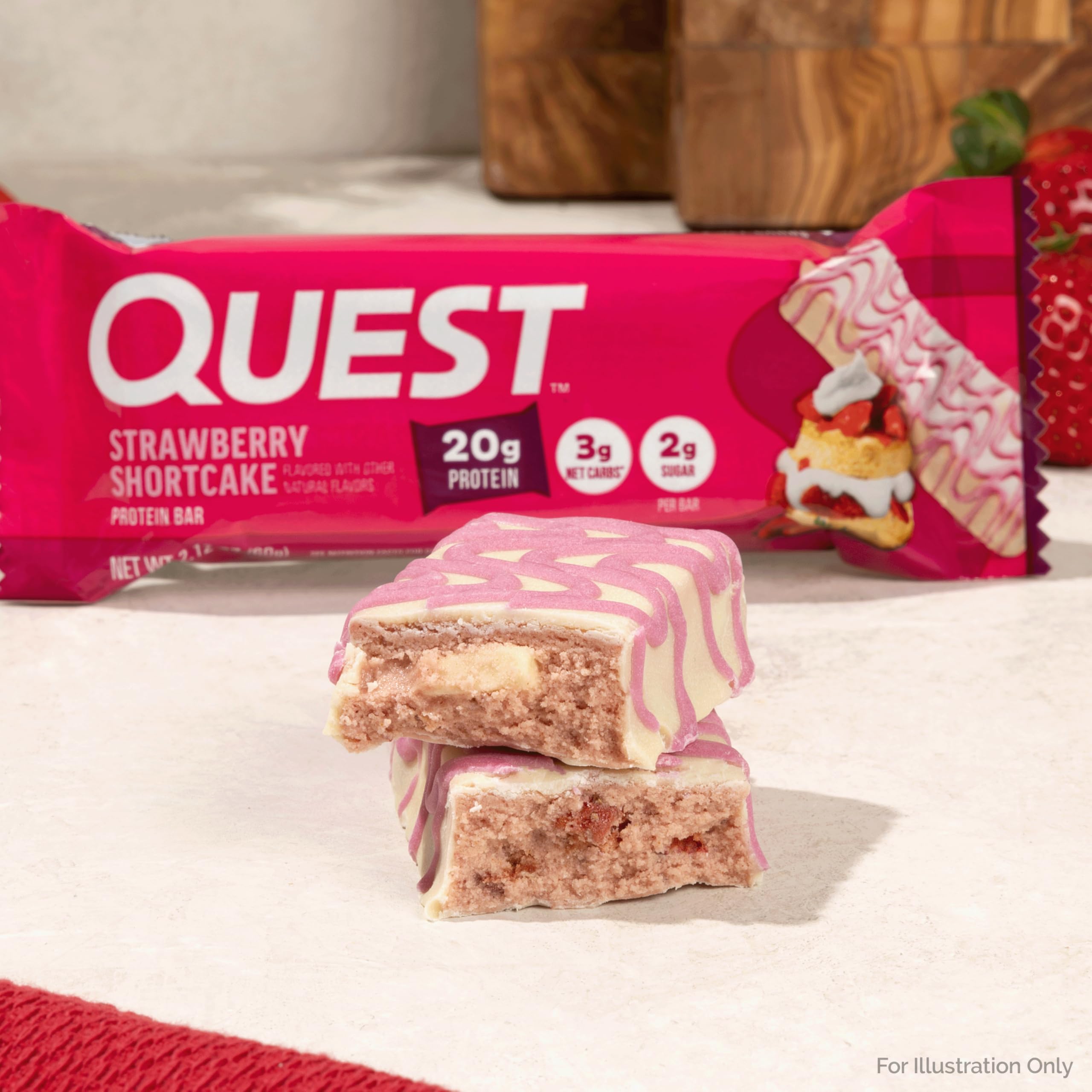Quest ingredientes: trozos de fresa y trocitos tipo chocolate