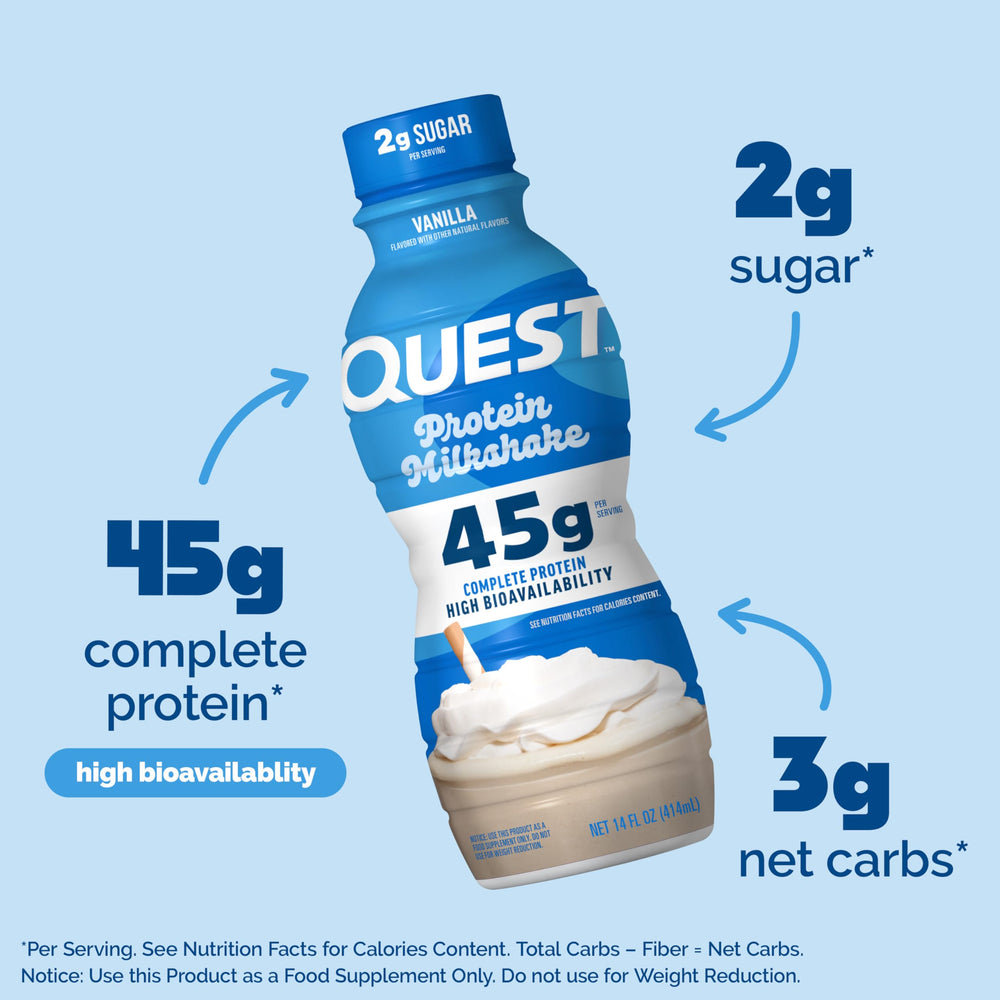 Quest label closeup highlighting 45g protein and low sugar advantage