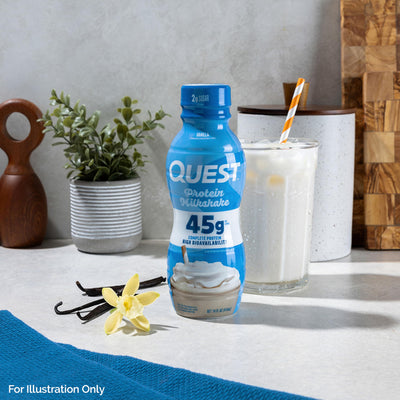 Quest bottle next to a ruler to show 14 fl oz size and portability benefit