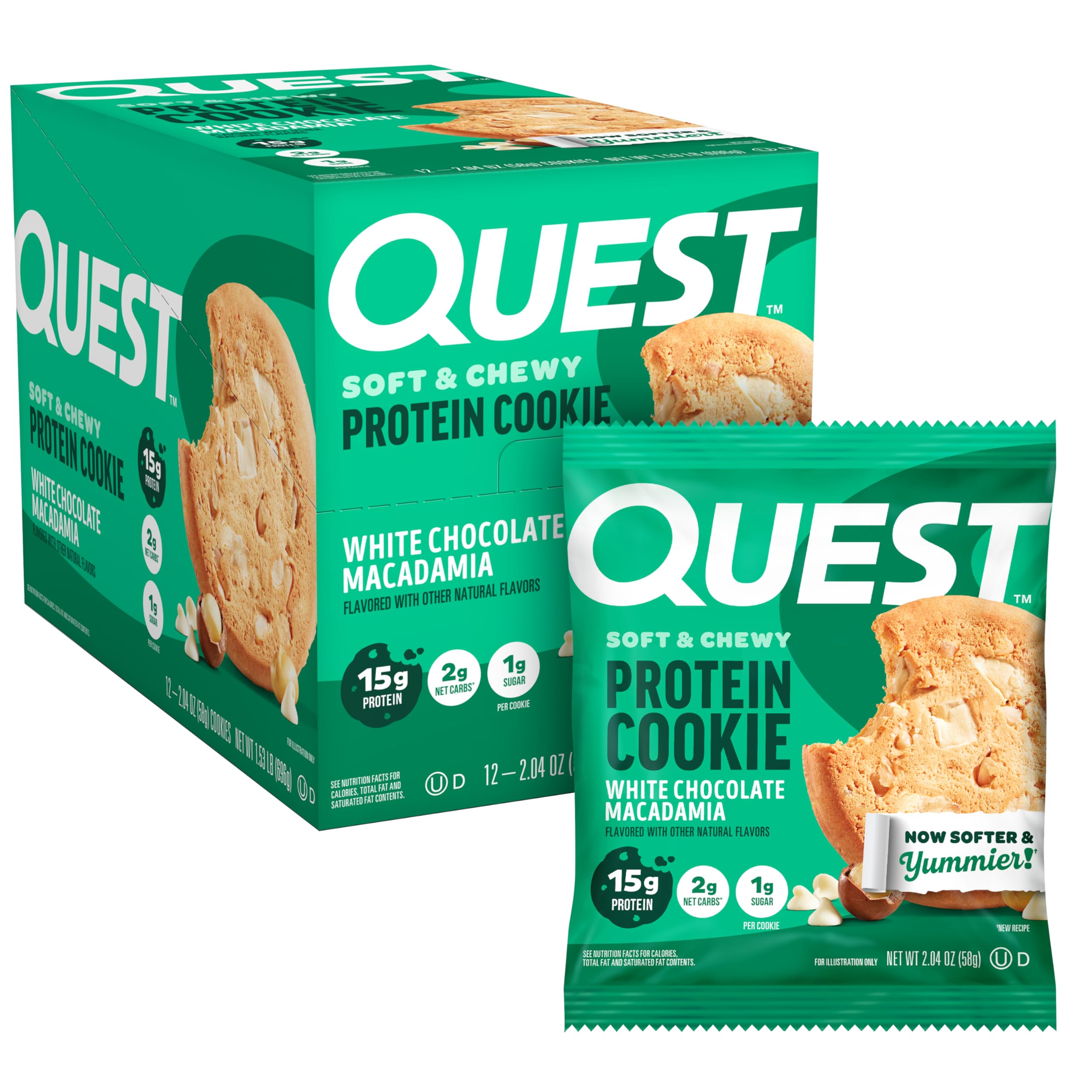 Quest galleta en caja vista frontal, envase individual práctico y claro beneficio