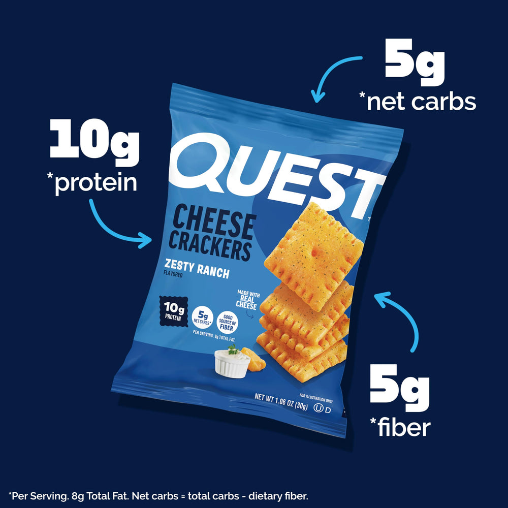Quest bolsa abierta con crackers visibles, ideal para llevar y consumir