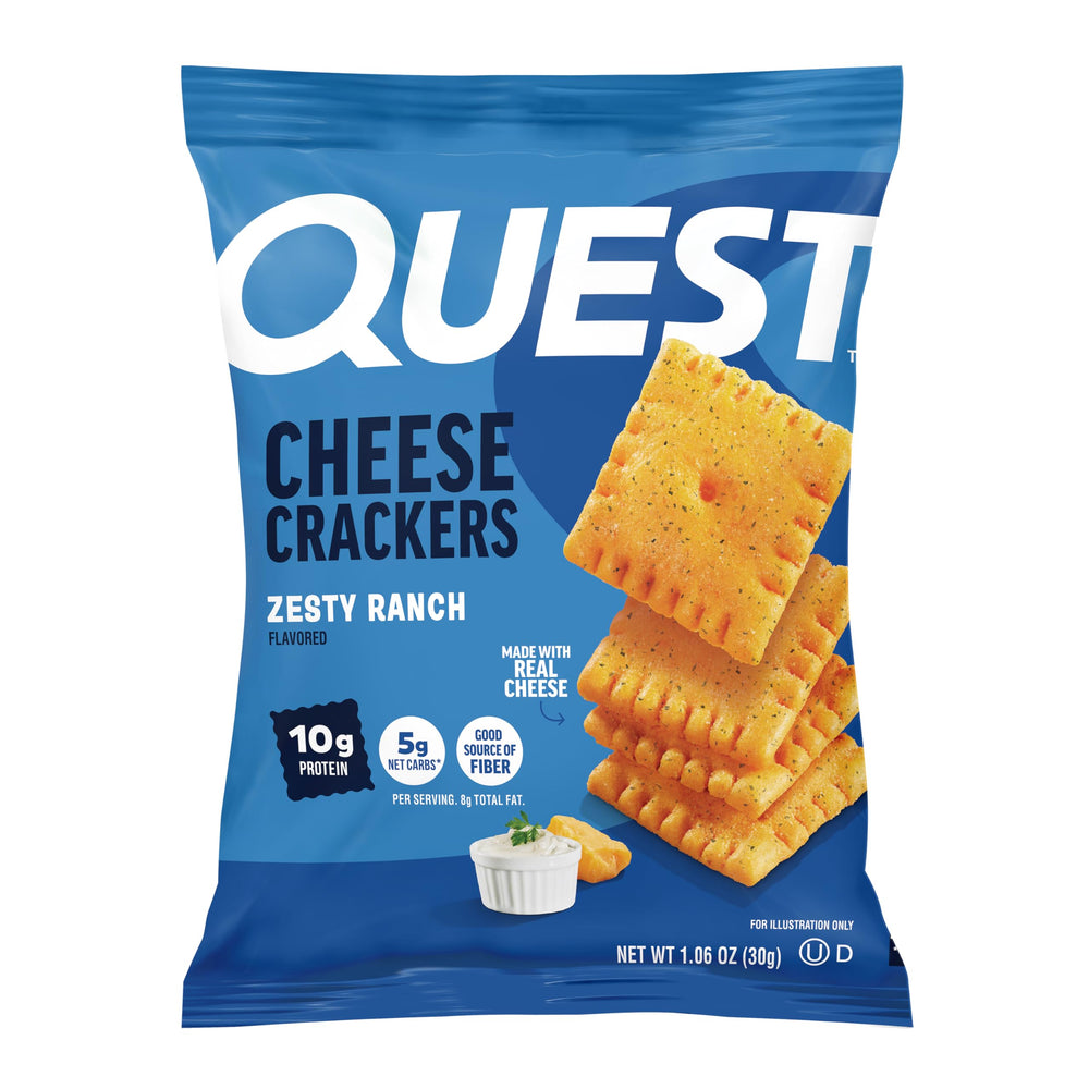 Quest paquete frontal mostrando crackers y sabor zesty ranch, atractivo para probar