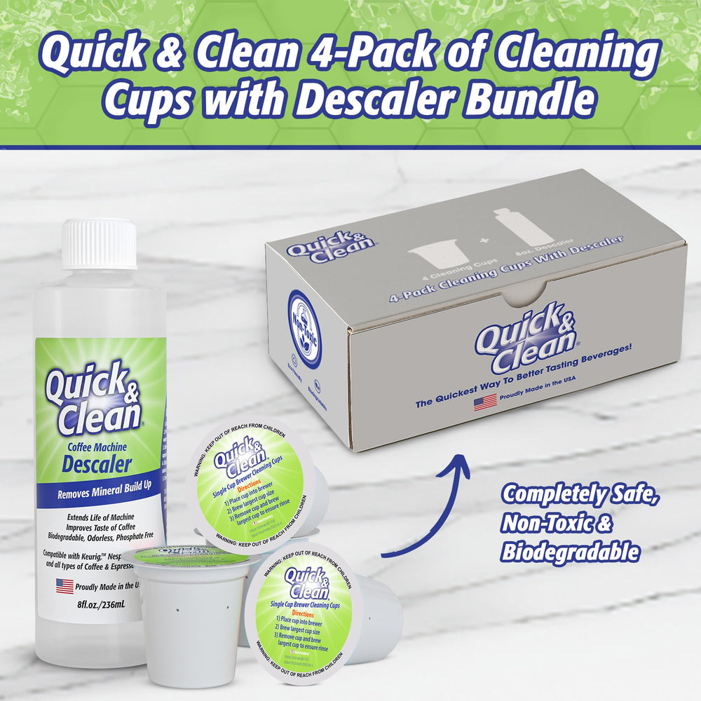 Quick & Clean botella y vaso al lado de una mano para mostrar escala y facilidad de uso