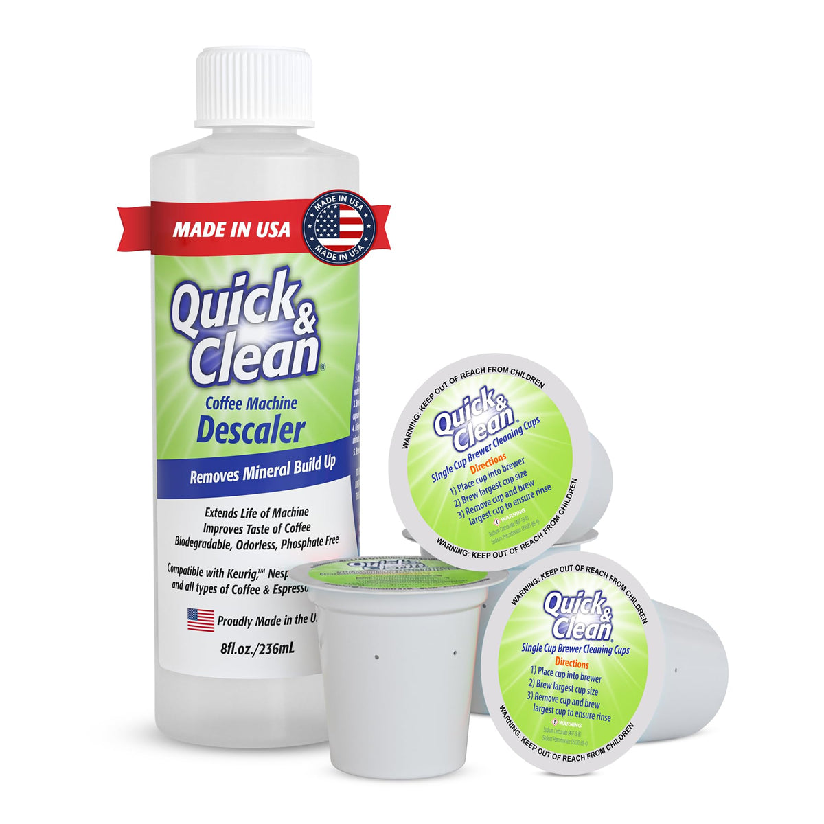 Quick & Clean vista frontal del pack mostrando vasos y desincrustante para limpieza eficaz