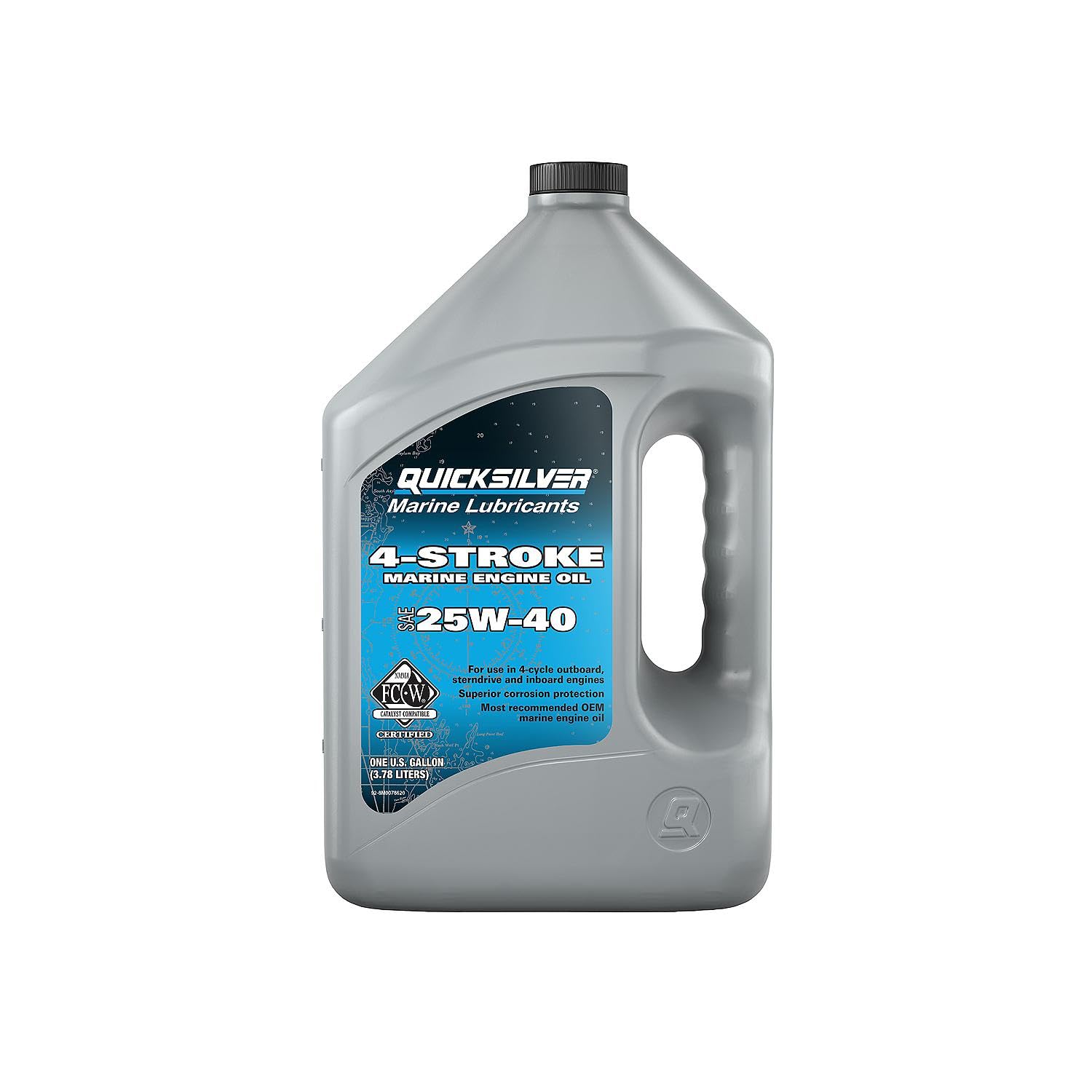 Quicksilver 25W-40 frente del envase mostrando etiqueta y volumen, protección garantizada