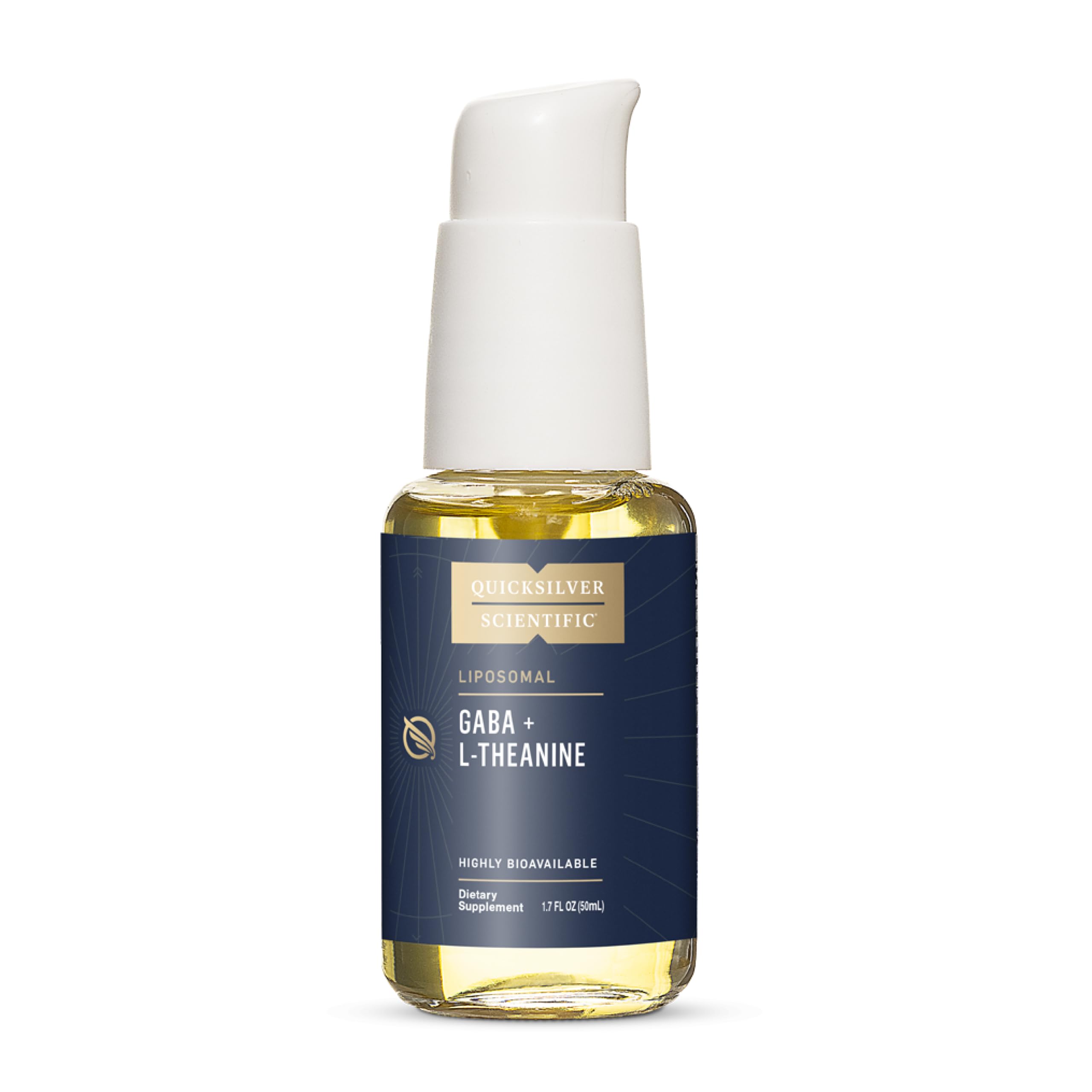 Frasco frontal Quicksilver Scientific Liposomal GABA + L‑Theanine mostrando etiqueta clara y beneficio de calma