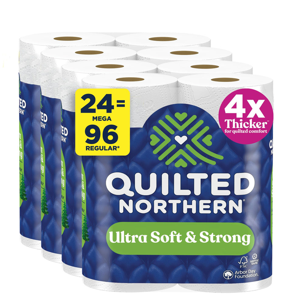 Quilted Northern empaque frontal mostrando 24 mega rollos y ahorro