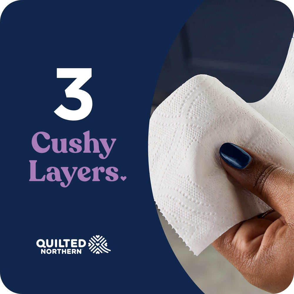 Quilted Northern rollo en uso en baño demostrando resistencia
