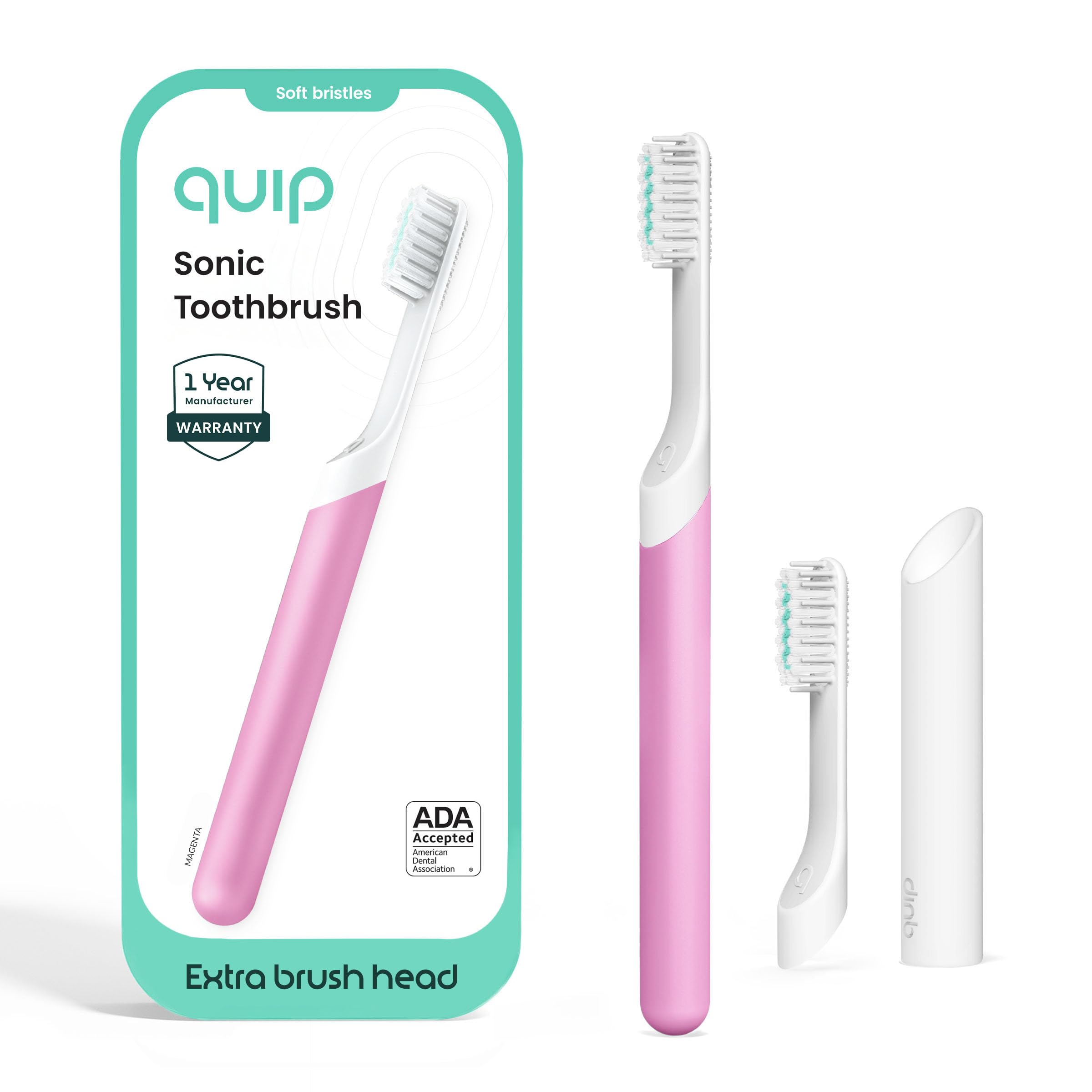 Quip vista frontal con funda magenta mostrando portabilidad y protección
