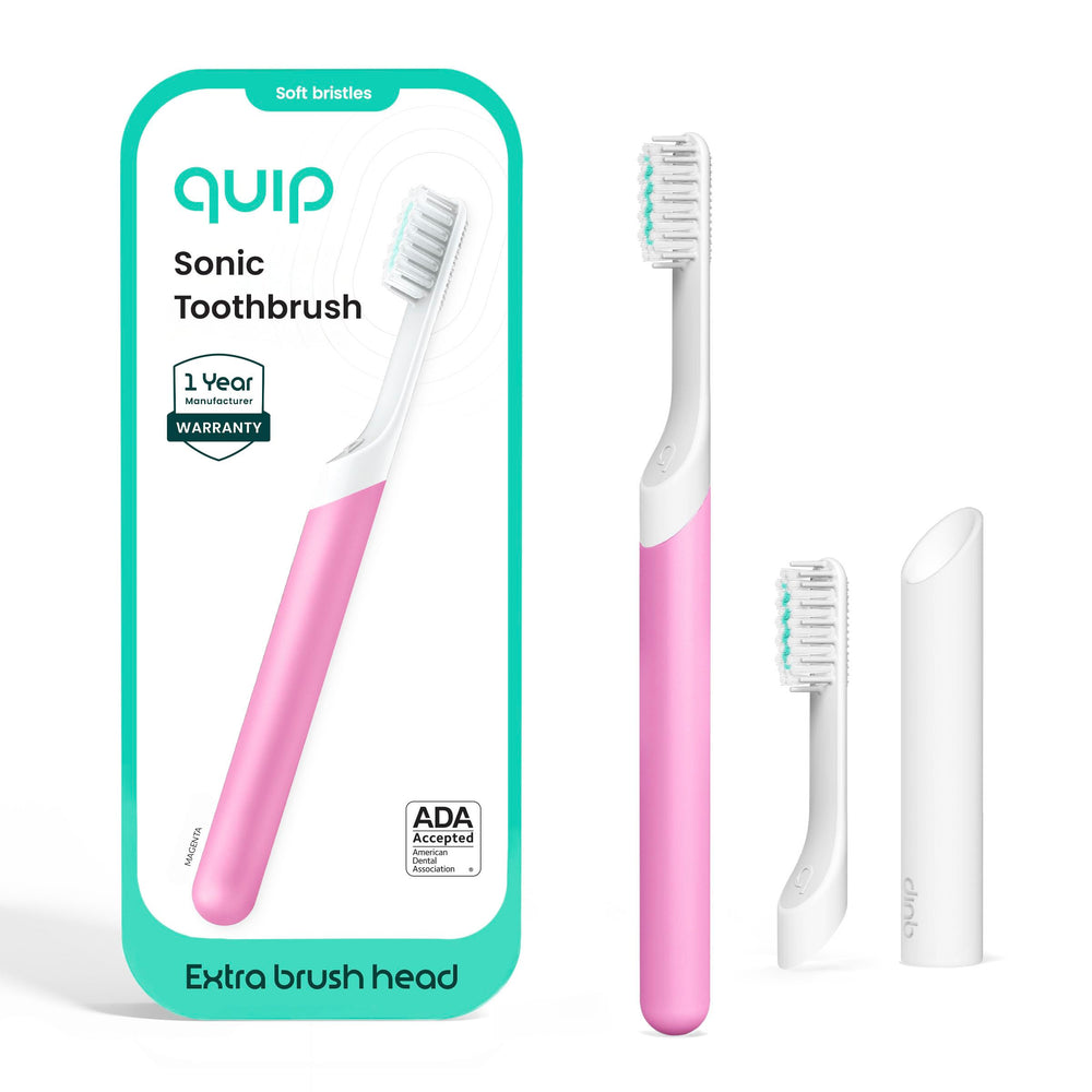 Quip vista frontal con funda magenta mostrando portabilidad y protección